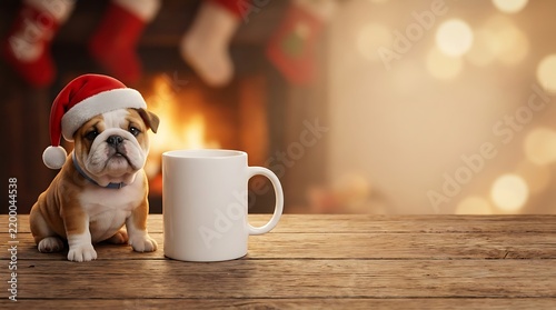 Blank white ceramic coffee mug mockup with a cute 3D English Bulldog puppy wearing a Santa hat and a blue collar, festive cozy Christmas holiday background with empty copy space for typography