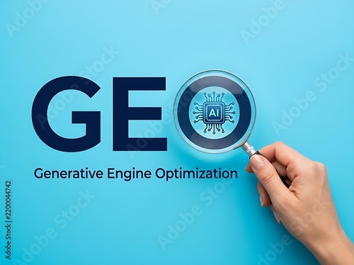 Generative Engine Optimization (GEO) Concept with AI Icon and Magnifying Glass