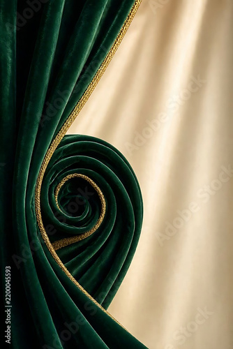 Emerald Green and Gold Velvet Curtain Swirl, Luxury Fabric Texture Background, Elegant Draped Textile Landscape with Copy Space
