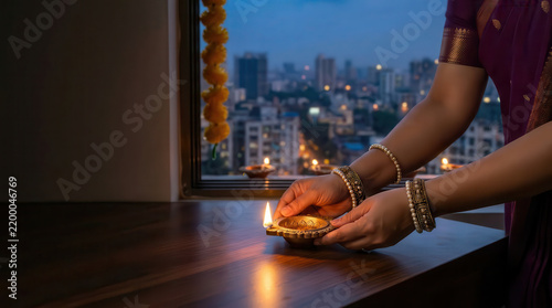 Diwali celebration at home with an Indian woman placing a glowing oil lamp on a wooden surface, city lights visible through the window, creating a festive atmosphere of tradition, hope and light