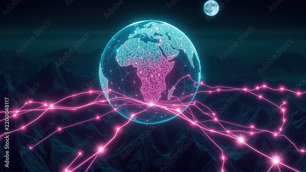 Fototapeta premium Glowing globe sits above landscape. Pink lines connect points, suggesting network or data flow. Moon visible in dark sky.