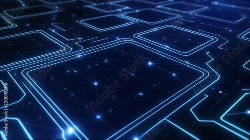Abstract digital circuit board pulsing with blue light during technological network data flow