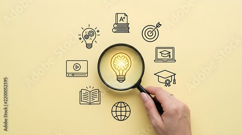 Hand holding magnifying glass over brain light bulb icon surrounding education online learning business icons concept