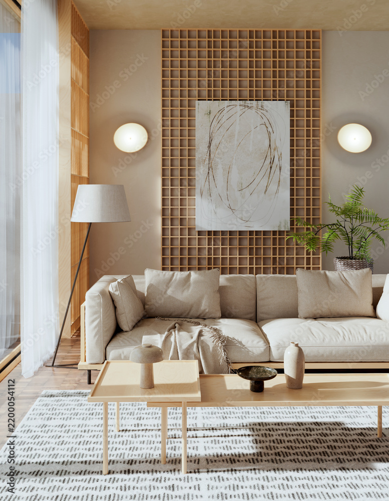 Obraz premium 3D rendering, 3d illustration, Large Luxury modern living room interior, brutalist architecture realistic lighting, Graphic Overlay wide angle, contemporary furniture, clean lines, minimalist decor,