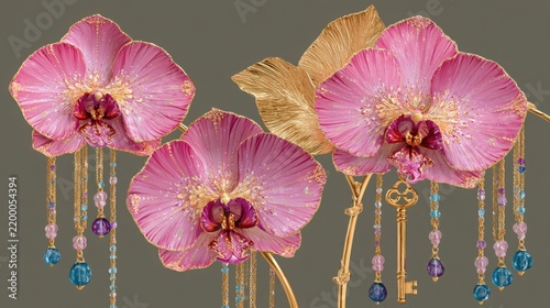 Artistic Pink Orchids with Golden Leaves, Chains and Colorful Glass Beads
