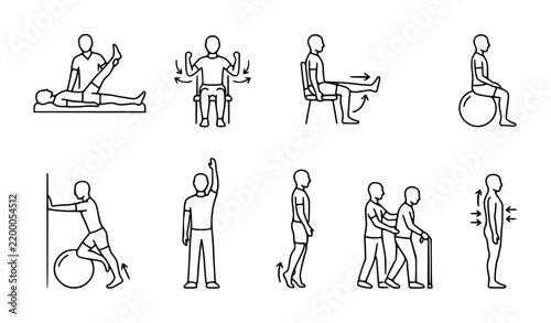 Physical rehabilitation movement and recovery exercise outline icons