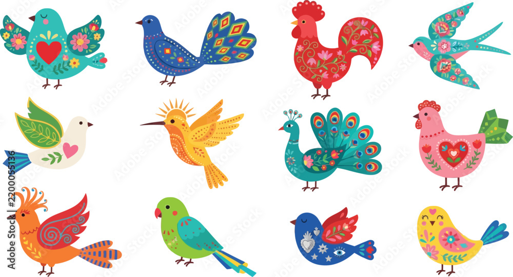Obraz premium Hispanic Heritage Month Folk Bird Vector Collection