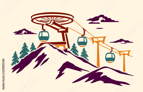 Stylized hand drawn mountain ski lift with gondolas and snowy peaks, isolated on a plain background for alpine tourism and resort graphics.