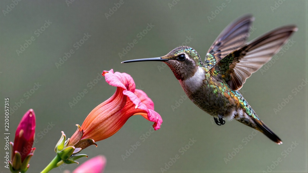 Obraz premium Two hummingbirds hover near a pink flower, wings blurred in motion.