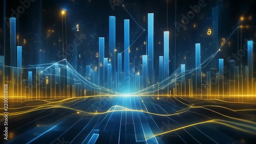 Abstract digital cityscape with glowing neon lights and data streams in motion