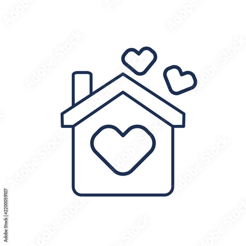 Blue House with Hearts Line Icon for Real Estate and Family