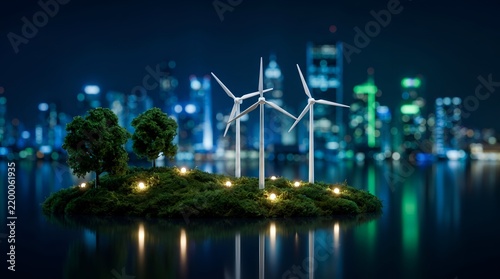 Night Cityscape With Renewable Wind Power Turbines On Mossy Floating Island