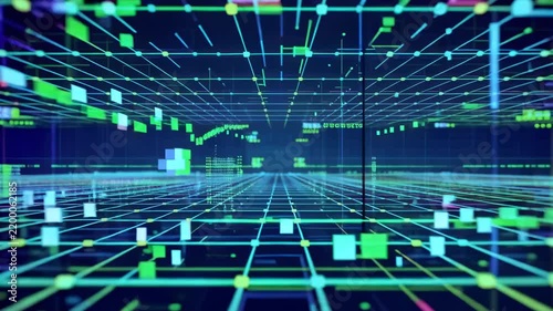 Abstract digital grid data stream with glowing nodes in futuristic cyberspace