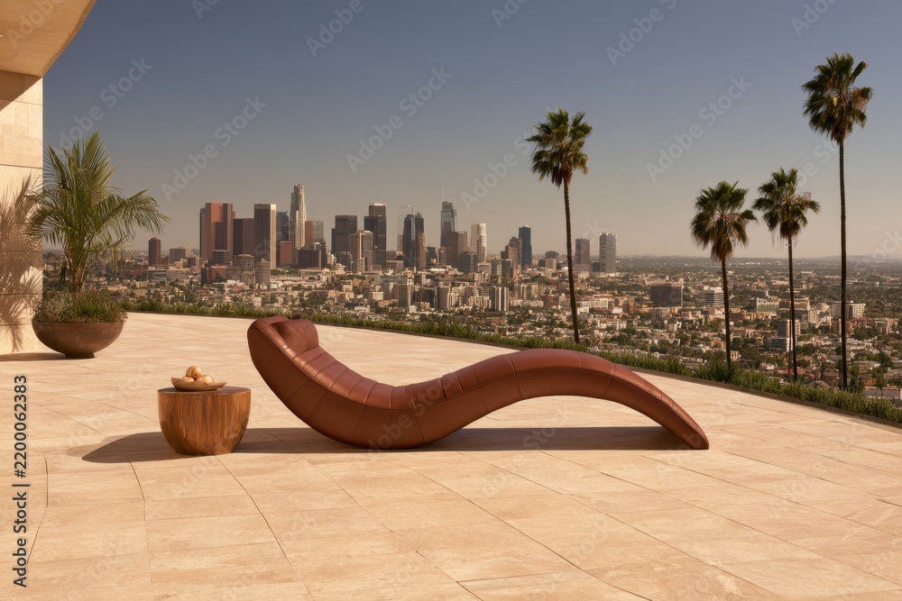 Fototapeta premium Curved leather chaise lounge on spacious tiled terrace overlooking palm trees and dense urban skyline under clear blue sky, elevated city view