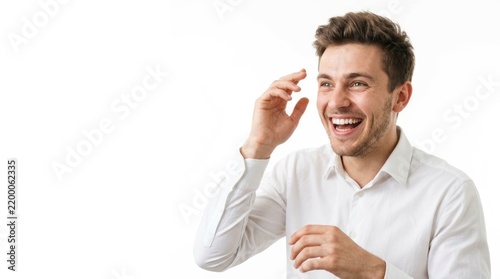 Happy Young Man Laughing and Holding a Cup.