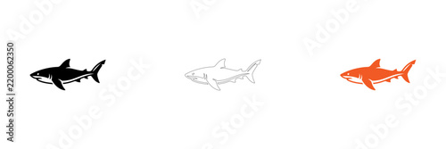 Three stylized shark illustrations in black and orange isolated on transparent background, Vector