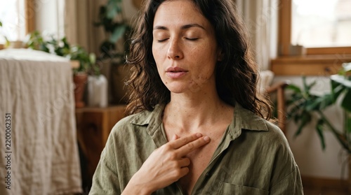Serene woman practicing EFT emotional freedom technique tapping on chest at home