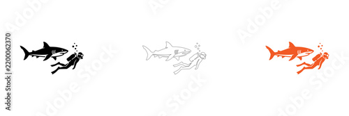 Scuba diver swimming with sharks in water isolated on transparent background, Vector