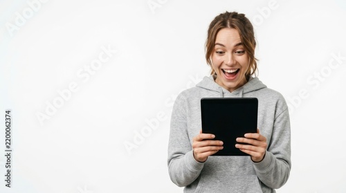 Excited Young Woman Reacting to Content on Digital Tablet.