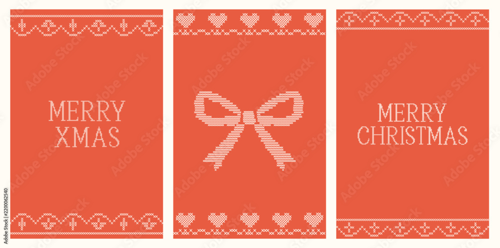 Fototapeta premium Merry Christmas cross stitch greeting cards collection. Vintage pixelated needlework red background set with handmade winter holiday bow, heart pattern border graphic vector illustration. 