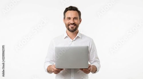 Smiling Man Holding Laptop on White Background.