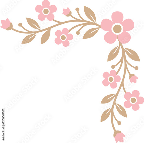 Floral Corner Border Element with Pink Blossom Flowers and Vintage Foliage Illustration for Wedding Invitation Design