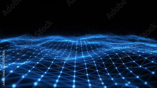 Abstract digital grid network flowing with luminous points across a dark futuristic landscape