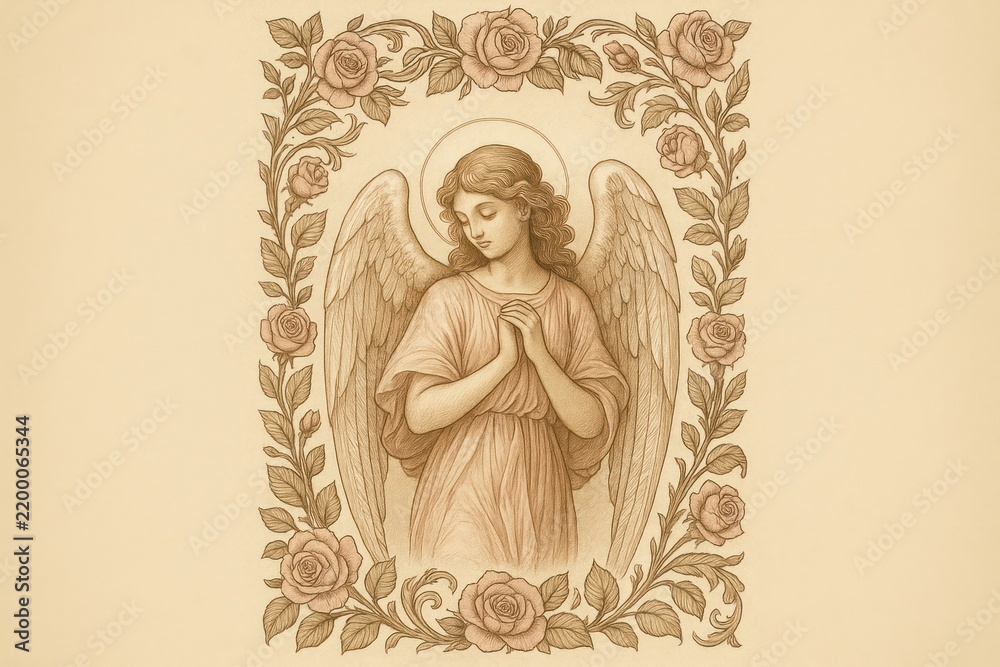 Fototapeta premium Serene angel surrounded by roses background