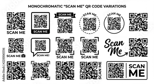A collection of various monochromatic qr code designs with set fifteen different black white square matrix barcodes various frames typography digital scanning