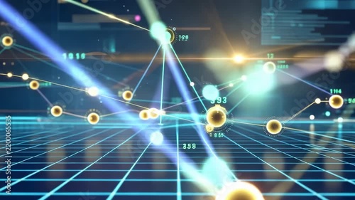Abstract digital network connecting glowing nodes in a futuristic grid during a data stream