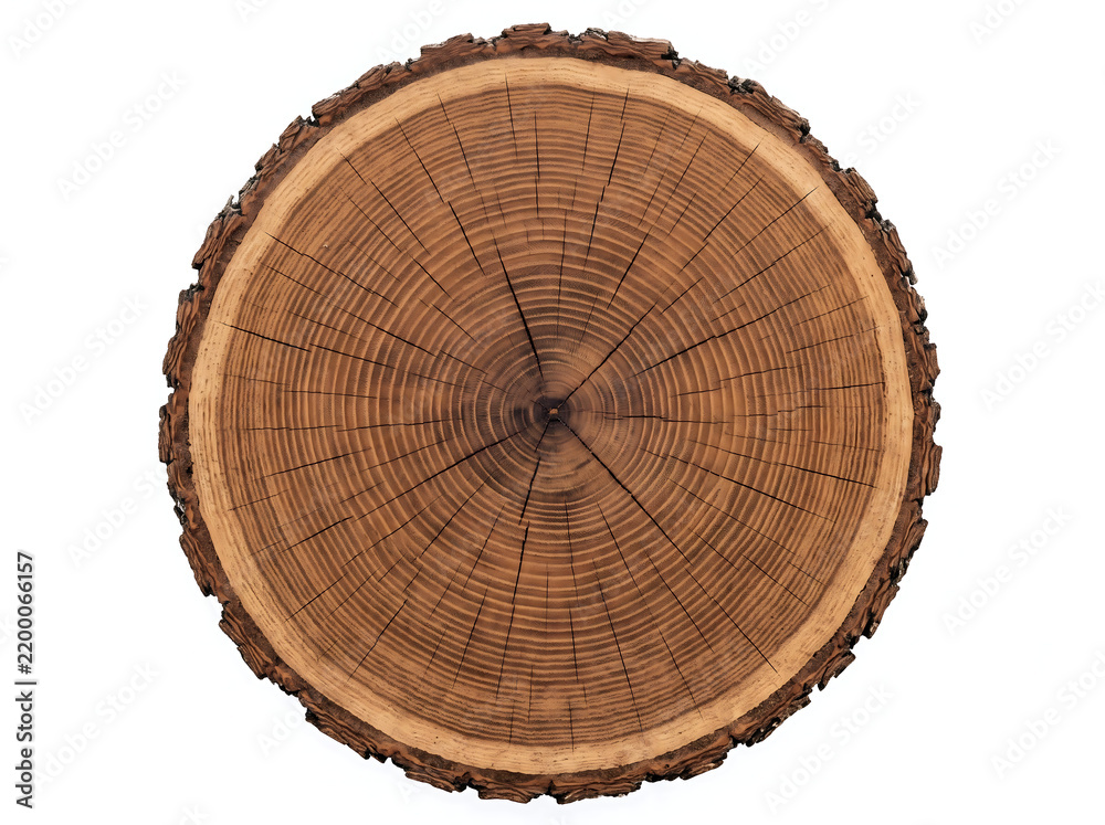 Fototapeta premium Round Wood Log Cross Section Slice with Annual Rings Isolated on White Background