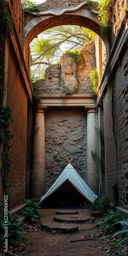 Ancient ruins overgrown with vines, tent nestled at entrance, sandy, architecture
