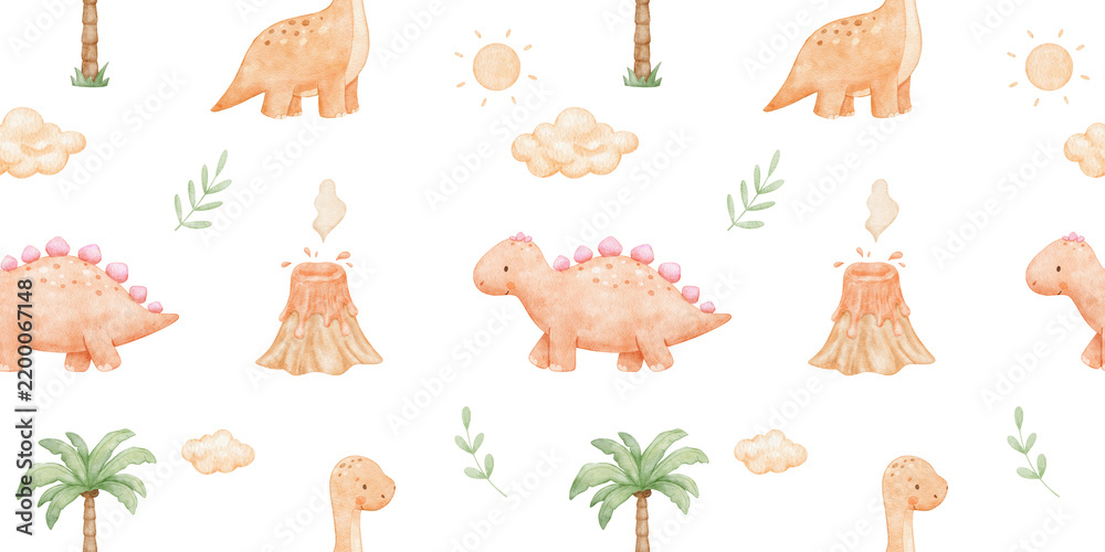 Obraz premium Watercolour seamless pattern with cute baby dinosaurs. Repeating nursery background for textiles and paper. Backdrop with prehistoric animals for kids