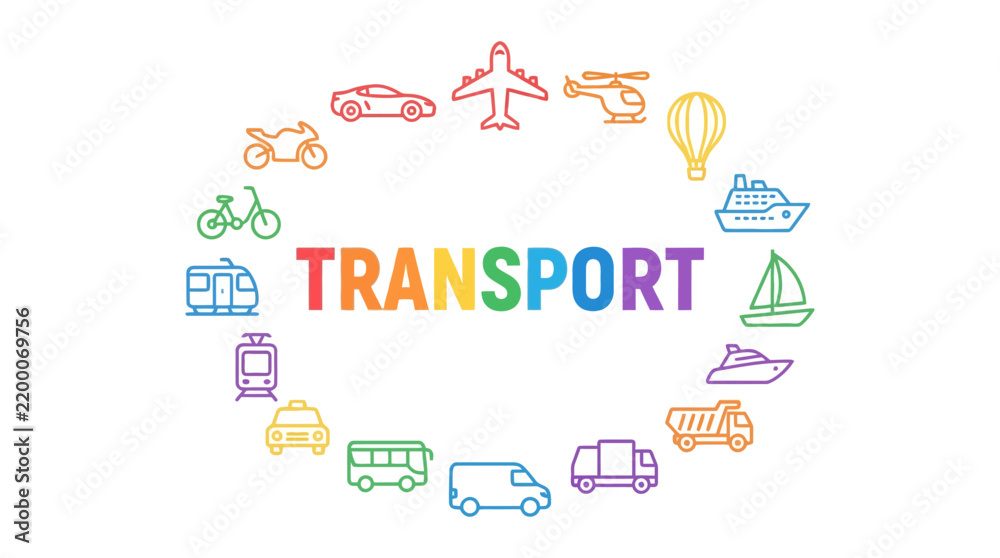 Obraz premium Colorful vector illustration of various transportation modes arranged