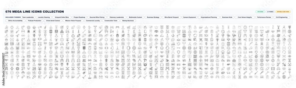 Obraz premium 676 Mega business line icon set collection with editable stroke. Team leadership, project roadmap, startup, corporate management for web ui design.