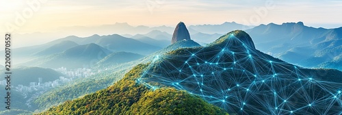 Digital Network Connectivity Overlay on Tropical Mountain Landscape of Rio de Janeiro Brazil Scene