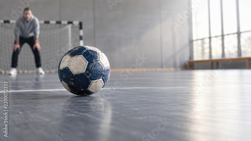 Handball Ball Resting on Indoor Court Surface while Professional Athlete Stands Prepared in Goal during Training Session at Local Gym