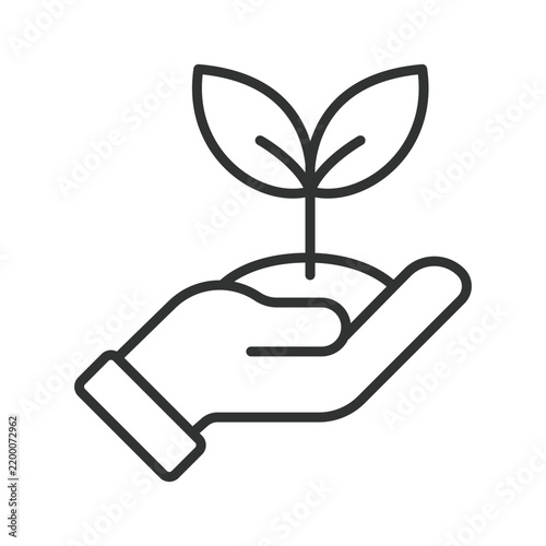 Plant growth in hand icon in line design. Growth, plant, hand, care, environment, nature, sprout on white background vector. Ecology editable stroke icon.