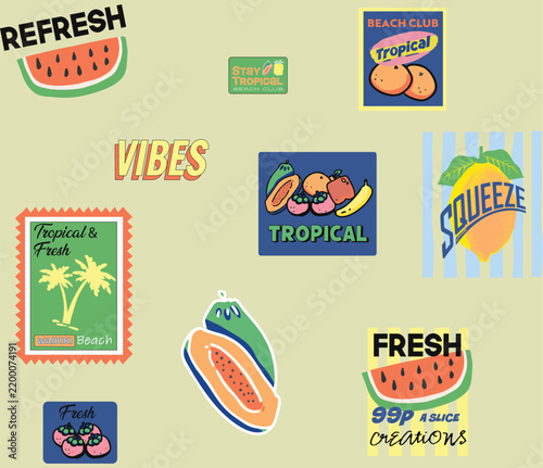 Retro Tropical Summer Sticker Collage with Watermelon and Beach Graphics