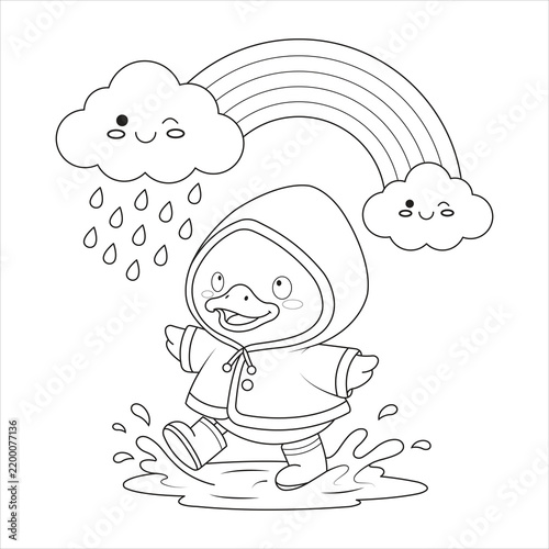 Принти на полотні Rainy Duck Jumping In Puddle With Rainbow And Raincoat Outline Coloring Page For