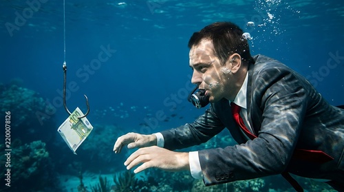 Businessman underwater reaching for euro money on fishing hook, financial risk concept