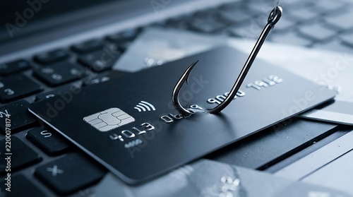 Credit Card Phishing Hook on Laptop Keyboard, Financial Data Theft Concept