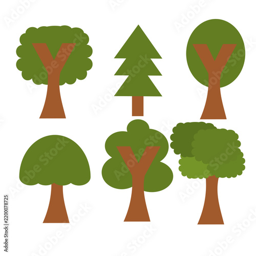 Cartoon green tree or plant collection.Forest and garden vegetation elements for landscape.Summer forest.Nature concept.Different types.Sign, symbol, icon and logo isolated.Vector illustration.