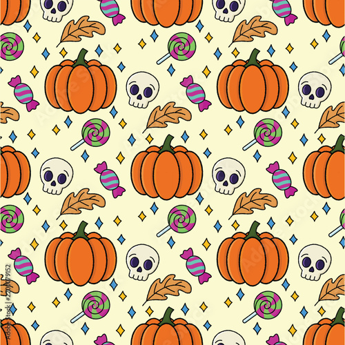 Flat cartoon orange and yellow halloween pumpkins and skulls pattern background