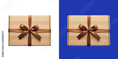 Top view of cardboard gift box with brown ribbon bow transparent png