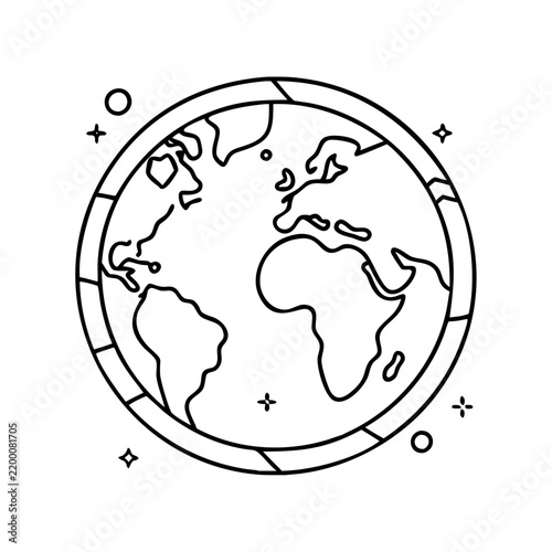 Minimal globe icon with compass points - Simple line art globe icon featuring compass points and dotted connection lines for direction.