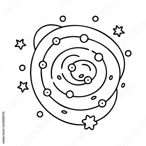 Spiral galaxy with stars and planets illustration - Minimalist vector spiral galaxy design featuring stars and planets in space.