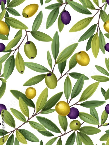 Seamless floral vector illustration with green olive leaves pattern on a white background, artistic style, graphic art