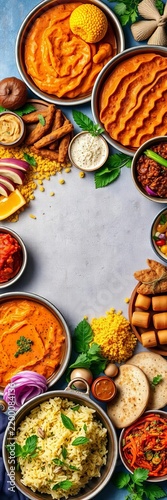 Vibrant Indian feast arranged in a colorful collage, cultural heritage, vibrant colors.