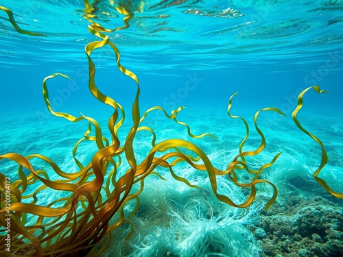 Undulating seaweed tendrils sway in harmony with gentle ocean currents, ||ocean floor, serene